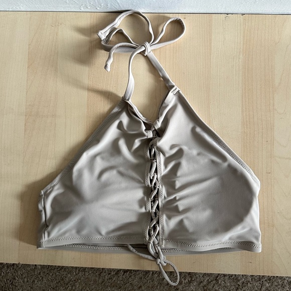 Aerie Ivory Lace Up High Neck Swimsuit Bikini Top Size Large EUC - Picture 2 of 8